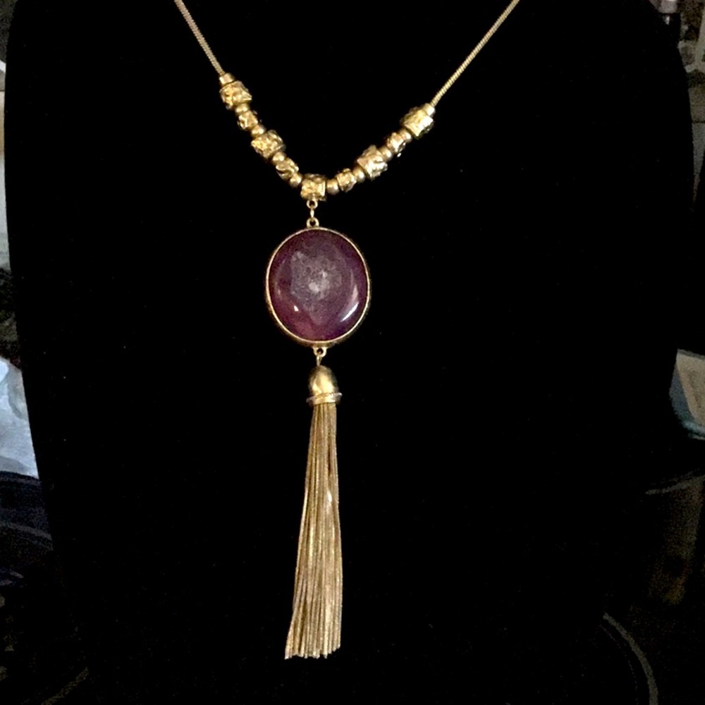 Gold tone long dramatic Chicos necklace with stone Geo rock